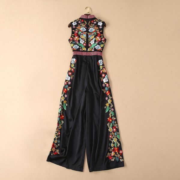 jackets high-end summer women jumpsuits chinese style fashion embroidery elegant lady v-neck sleeveless floral rompers female s-xl, Black;brown